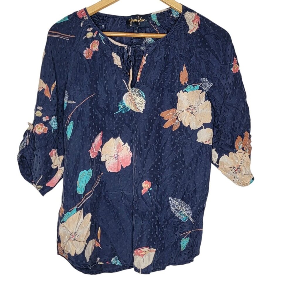 Yumi Kim Small Navy Blue / Floral Polka Dot‎ 100% Silk Tie Women's Top S